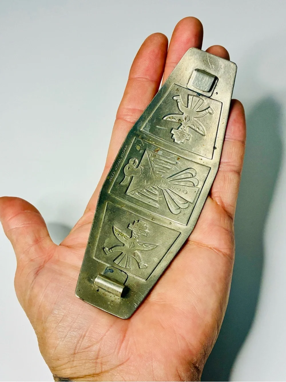 Solid Nickel Silver Native American Thunderbird with 2 Kachinas’s Belt Buckle